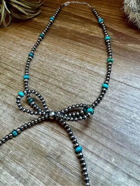 Turquoise Accent Silver Bead Bow Necklace - Women Jewelry